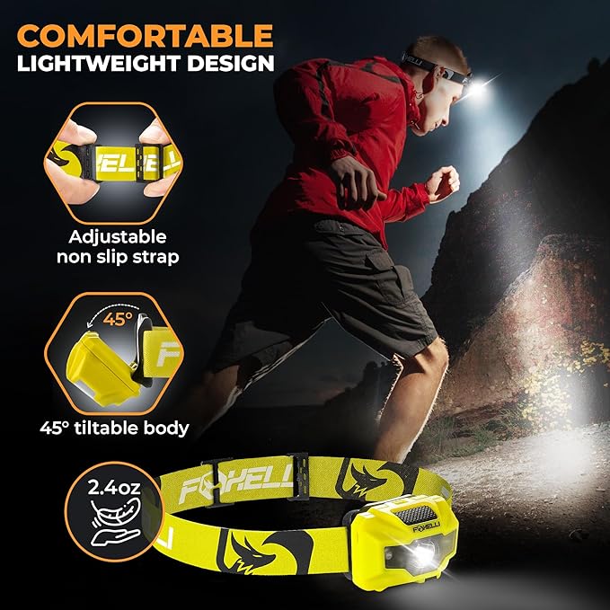 Foxelli USB‑C Rechargeable LED Headlamp – Ultra‑Light 2.4 oz & Bright 180 Lumens – Red/White Light, 5 Modes, IPX5 Waterproof, 40 h Runtime for Trail Running, Camping, Hiking