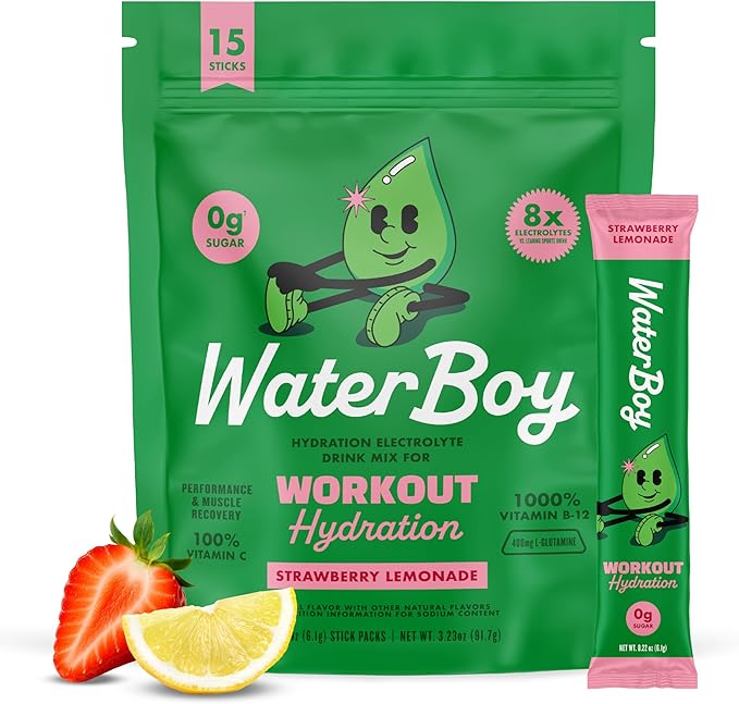 Waterboy Workout Hydration | 2,960mg Sugar Free Electrolyte Powder Packets | L-Glutamine + Vitamins | No Sugar, All Natural, Gluten Free | 15 Drink Stick Mixes (Strawberry Lemonade)