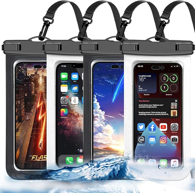 4 Pack Black White Universal Waterproof Phone Pouch, Large Phone Waterproof Case Dry Bag,Protection Level: IP68,Outdoor Sports for Apple iPhone,Samsung,and More,(Fits Up to 8.3”),Black,White