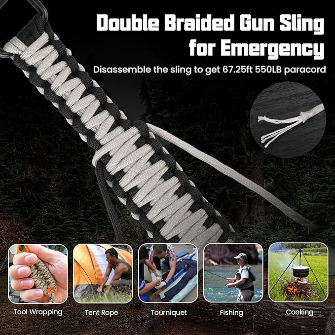 Double Braide 550LB Shotgun Sling 2 Point Paracord Rifle Sling,Non-Slip Traditional Adjustable Gun Sling for Hunting Shooting Camping