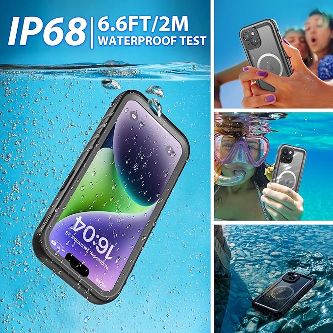 SPORTLINK for iPhone 14 Plus Case Waterproof - Buit in Screen Protector [Compatible with MagSafe][IP68 Underwater][6.6FT Military Dropproof][Dustproof] Full Body Shockproof Phone Case 6.7" Black