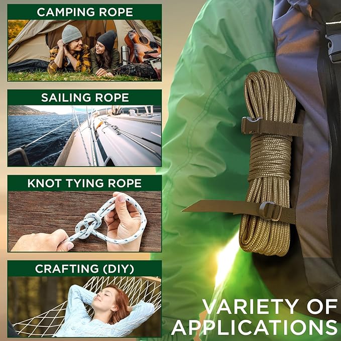 TECEUM Rope – 90 Feet x 3/8 Inch (10mm) – Coyote Brown – Strong All-Purpose Utility Rope – Camping, Crafting, Flag Pole, Indoor & Outdoor – Polypropylene Nylon Poly Lightweight Diamond Braided Cord