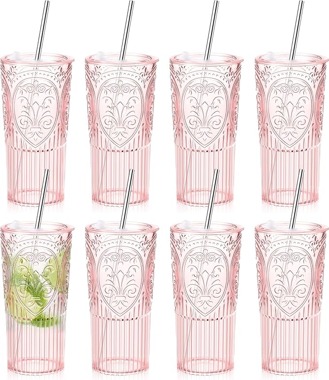 8 Set 20oz Vintage Plastic Tumbler with Lids and Straws Ribbed Floral Drinking Glasses Reusable Iced Coffee Cups for Water Juice Smoothie Cocktail Travel Party Events Gift (Pink)