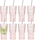 8 Set 20oz Vintage Plastic Tumbler with Lids and Straws Ribbed Floral Drinking Glasses Reusable Iced Coffee Cups for Water Juice Smoothie Cocktail Travel Party Events Gift (Pink)