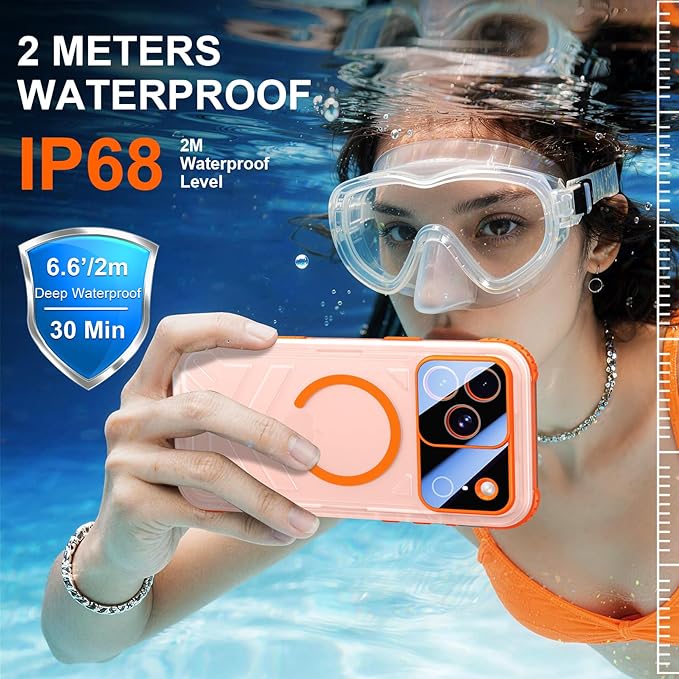 SPIDERCASE Magnetic for iPhone 17 Pro Max Case Waterproof,[Built-in Screen & Camera Protector] [IP68 Underwater] 12FT Military Shockproof, Dustproof, Anti-Scratched Phone Case,Orange/Clear