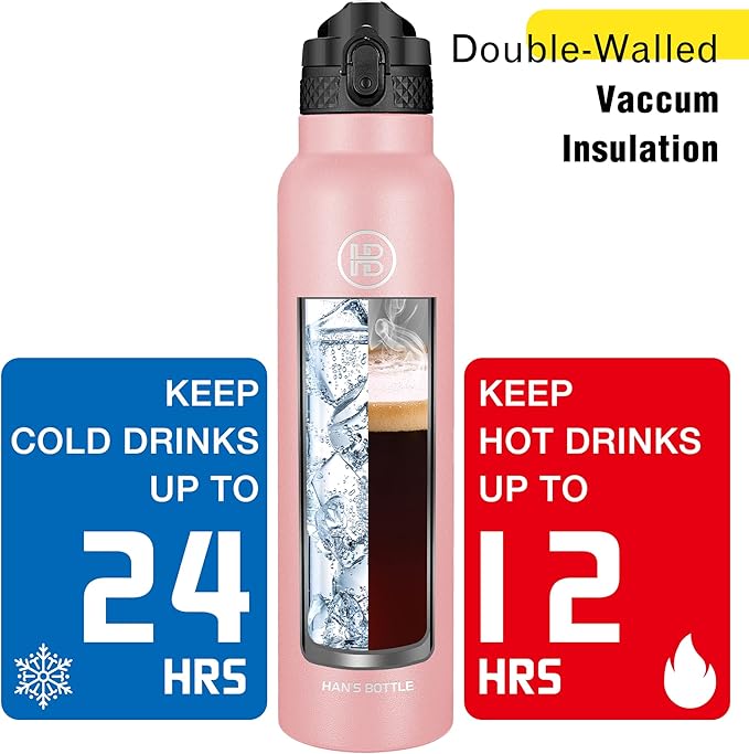 Han's Bottle Sports Water Bottle - 32 Oz, Straw Lid, Leak Proof, Vacuum Insulated Stainless Steel, Double Walled, Thermo Mug,Blush