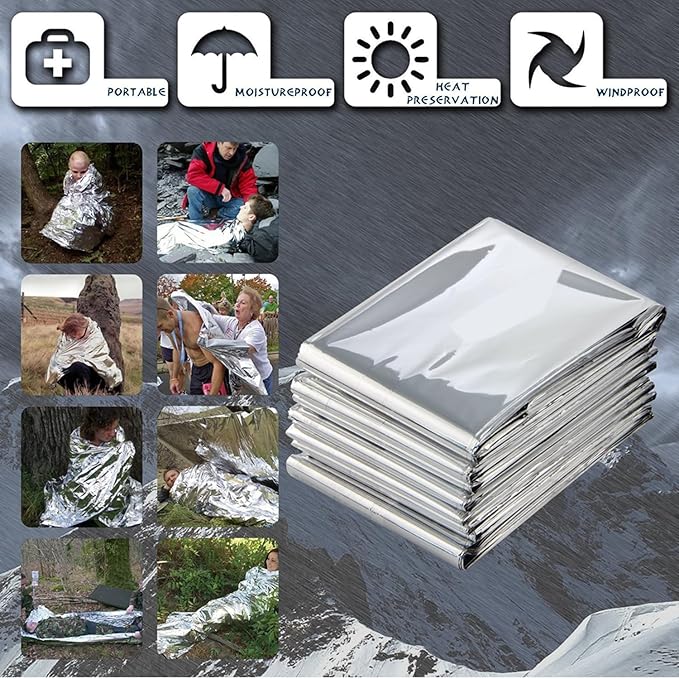 Emergency Foil Blanket Silver (25 Pack), Survival Thermal Mylar Blankets Individually Packaged Perfect for Outdoors, Hiking, Survival, Marathons or First Aid