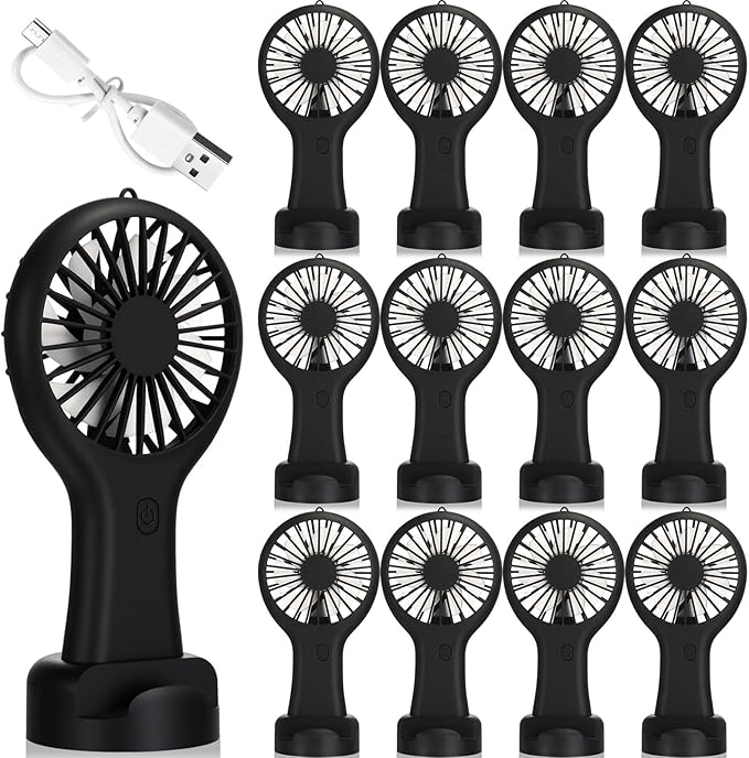 Woanger 12 Pcs Mini Handheld Fan Bulk 3 Speed USB Electric Battery Operated Small Portable Pocket Fan with Data Cable and Mounting Base Quiet Summer Gift for Wedding Camping Travel(Black)