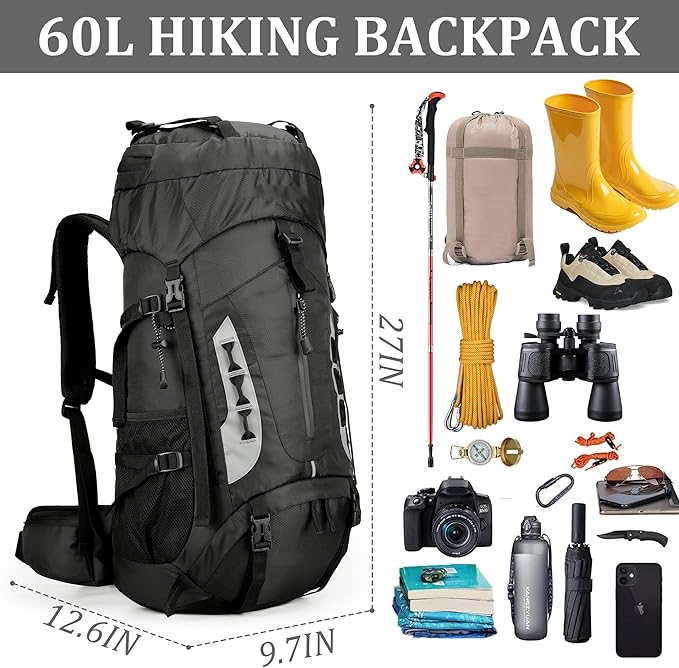 75L Hiking Backpack with Rain Cover Waterproof Camping Backpack Shoes Warehouse for Men Women, Frameless