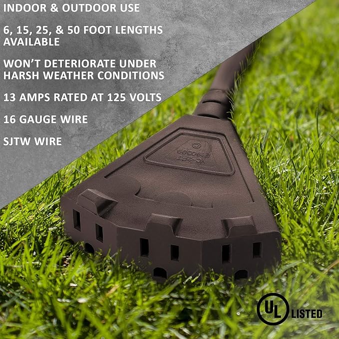Holiday Lighting Outlet 25-Foot Brown Extension Cord, 3-Prong Indoor & Outdoor Splitter, Perfect for Landscape Lighting
