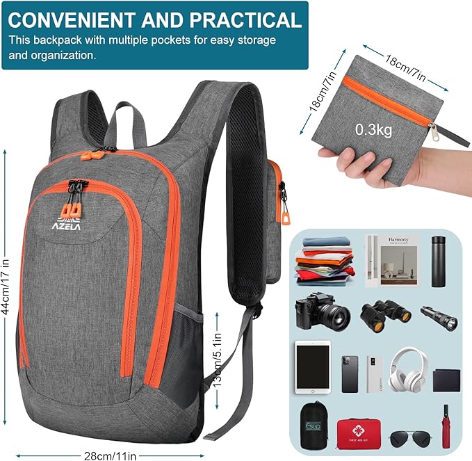 Esup 15L Small Hiking Backpack Foldable Lightweight Travel Day Pack Packable Camping Backpack for Women Men (Gray)