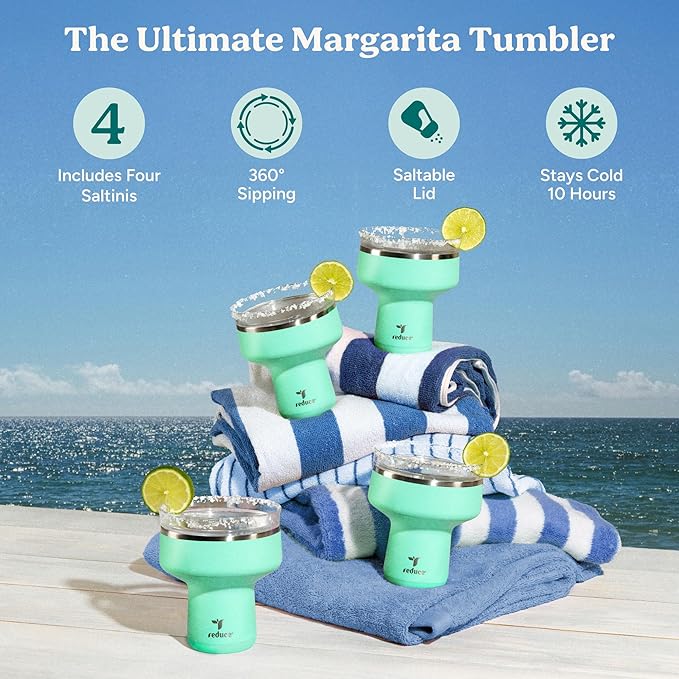 REDUCE Saltini 16oz Cocktail Tumbler - Insulated Margarita Tumbler with Lid - Keeps Drinks Cold for 10 Hours-360 Sippable Martini Glass Alternative-Shatterproof Perfect for Parties- Saltwater - 4 Pack