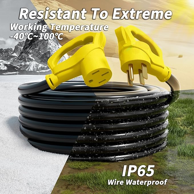 PlugSaf NEMA 14-50P/14-50R 30 FT 50 Amp RV/EV Extension Cord Outdoor with Grip Handle, 4 Prong Flexible Heavy Duty STW RV Power Cord Waterproof, 50A 125/250V 6250/12500W, Black-Yellow, ETL Listed