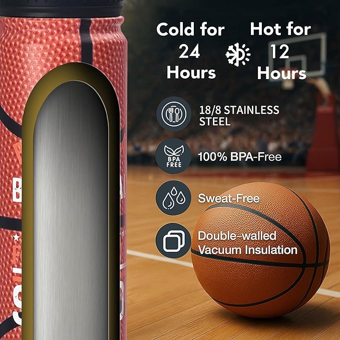 Basketball Water Bottle, 24 oz Insulated Stainless Steel Sports Bottle with Straw, Basketball Stuff Gifts for Boys