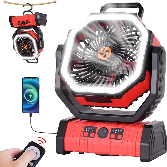 Battery Powered Fan Portable,20000mAh Rechargeable Camping Fan with LED Lantern,Auto-Oscillating USB Personal Battery Operated Fans Portable for Tens & Hanging Hook (Red)