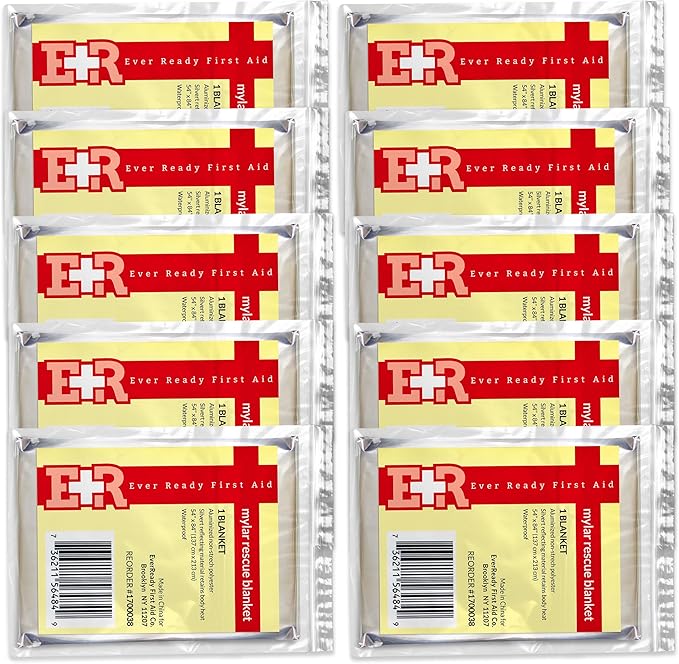 Ever Ready First Aid Mylar Rescue Blanket, Large Silver Thermal Sheet for Emergency and Survival, 54” x 84” – 10 Count