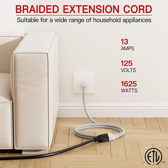 16/3 Braided Extension Cord 6 FT, Braided Extension Cord Flexible & Durable, Indoor 3 Prong Power Cable, Suitable for Home and Office, 13 Amp 1625 Watt 125VAC 16AWG, ETL Listed