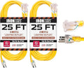 IRON FORGE CABLE 2 Pack of 25 Foot Outdoor Extension Cords - 12/3 SJTW Heavy Duty Lighted Yellow Extension Cable with 3 Prong Grounded Plug for Safety, 15 AMP - Great for Garden and Major Appliances