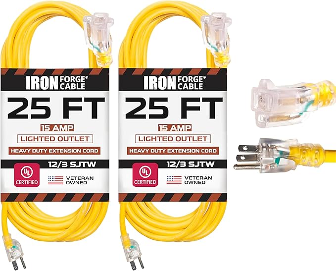 IRON FORGE CABLE 2 Pack of 25 Foot Outdoor Extension Cords - 12/3 SJTW Heavy Duty Lighted Yellow Extension Cable with 3 Prong Grounded Plug for Safety, 15 AMP - Great for Garden and Major Appliances