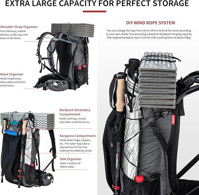 Naturehike 65L Rock Upgraded Internal Frame Hiking Backpack for Outdoor Camping Travel Backpacking with Rain Cover Ultralight Backpack for Adults