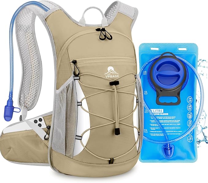 Hydration Backpack with 2L Water Bladder - Lightweight 15L Daypack with Phone-Sized Hip Belt Pockets, Anti-Chafe Cotton Edging & No-Bounce Straps - Small Water Backpack for Hiking, Running, Skiing