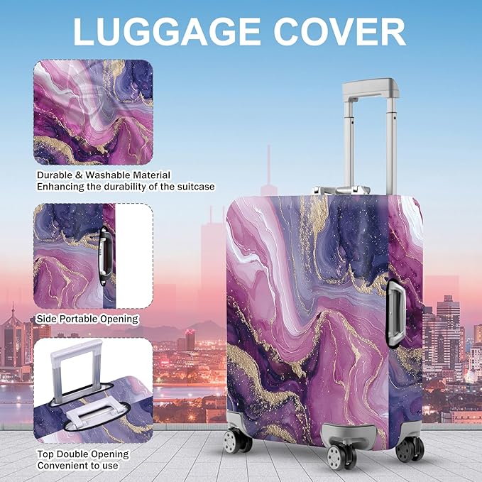 ANNA QUEEN Purple Marble Luggage Cover, Elegant Abstract Art Suitcase Protector, Stretchable Washable Travel Sleeve for 24-26 Inch Luggage