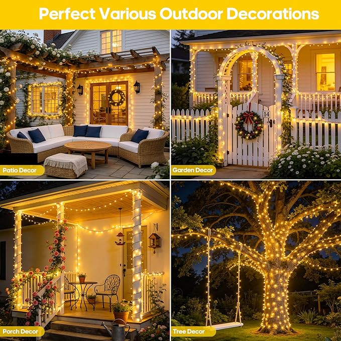 JMEXSUSS 2 Pack Solar String Lights Outdoor Waterproof, Total 400 LED 151FT Solar Powered Outdoor String Lights, 8 Modes Solar Christmas Light for Outside Patio Yard Tree Decorations, Warm White
