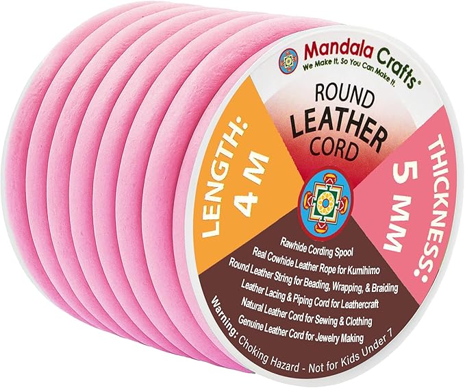 Mandala Crafts Round Genuine Pink Leather Cord for Jewelry Making – 5mm Cowhide Leather Rope String Lace for Kumihimo – 4.4 Yards Cowhide Craft Cording Spool