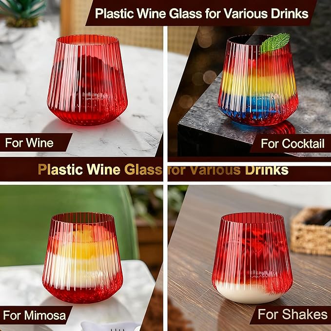 Lueumxc 40 Pack Plastic Ribbed Wine Glasses, 14Oz Origami Disposable Wine Glasses Unbreakable Clear Plastic Cocktail Glasses Recyclable Shatterproof Reusable Wine Cups (14oz-red-40pack)