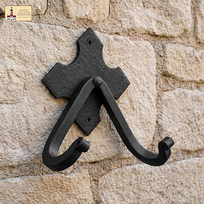 Mystic Colonial Rustic Cast Iron Wall Hooks, Heavy Duty Retro Utility Hooks for Hanging Coat, Bag, Towel, Robe, Hat and More, Mounting Hardware Included, Pack of 2, Black
