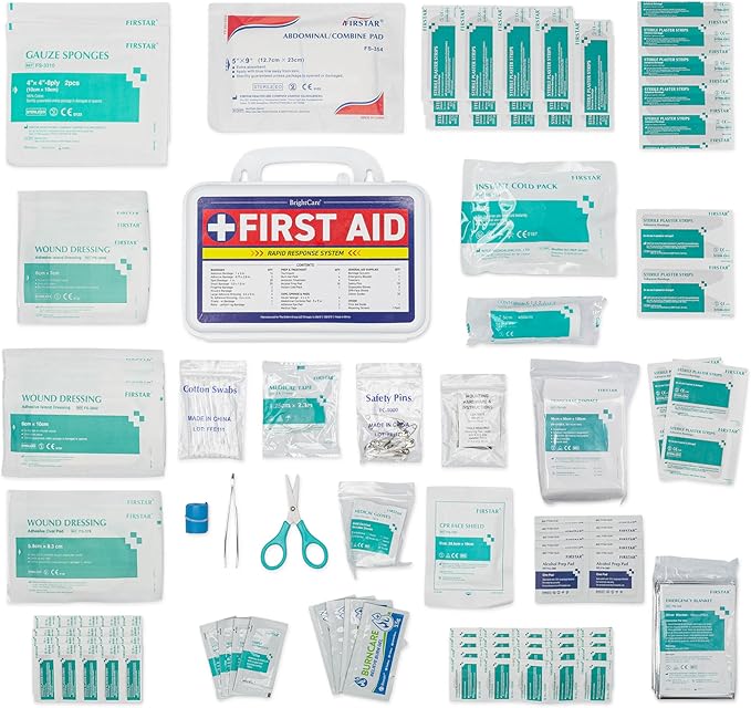 First Aid Kit - Wall Mount Back Option, 130 Pieces, Durable Hard Case with Carrying Handle - First Aid Kit for Office, Home, School, Car, Hiking, Camping – by BrightCare