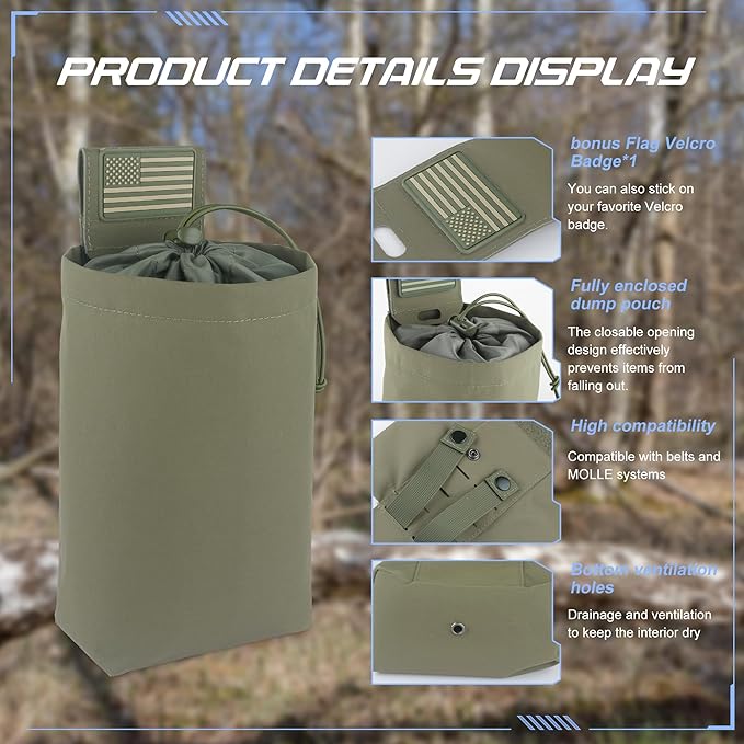Tactical Dump Pouch for Battle Belt & MOLLE Systems | Foldable Mag Pouch with Drawstring Closure | for Hunting, Duty, Paintball | Includes Flag Patch