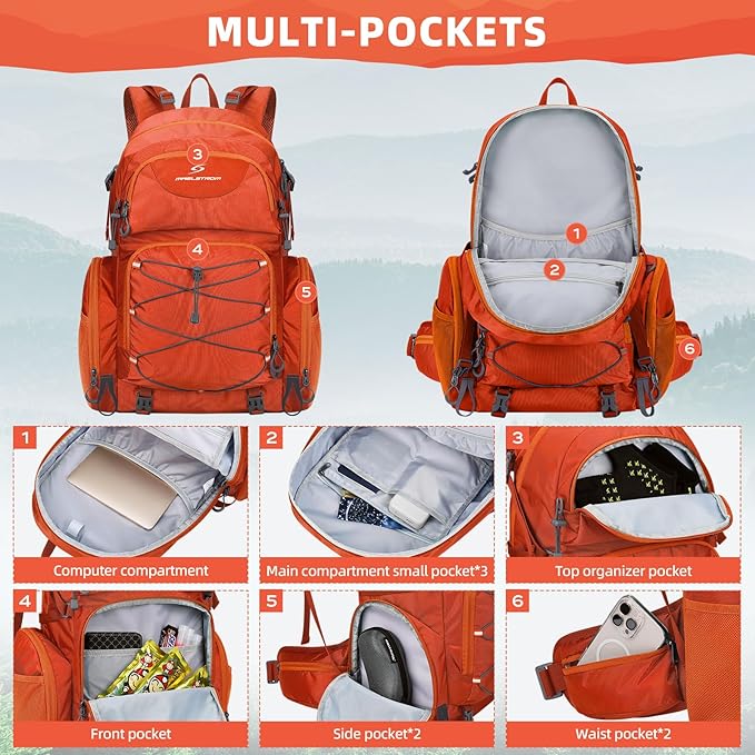 Maelstrom Hiking Backpack, 40L Waterproof Camping Daypack for Men and Women, Lightweight Travel Pack with Rain Cover (Orange)