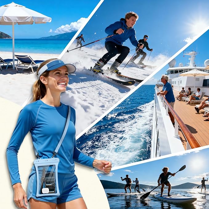 CACOE [Floatable Floating Universal IPX8 Waterproof Phone case 2 Pack-Up to 10.0",Adjustable Lanyard Phone Pouch,Dry Bags for Vacation Beach Pool Kayak Cruise Travel Essentials（White+Light Blue）