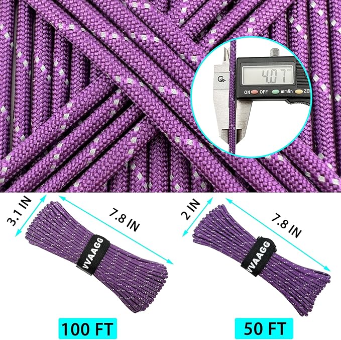 VVAAGG Reflective Paracord Rope 100FT, 7 Strand Nylon para Cord Lanyard Utility 550 Parachute Cord, 4mm Thin Tent Rope for Outdoor Camping Hiking