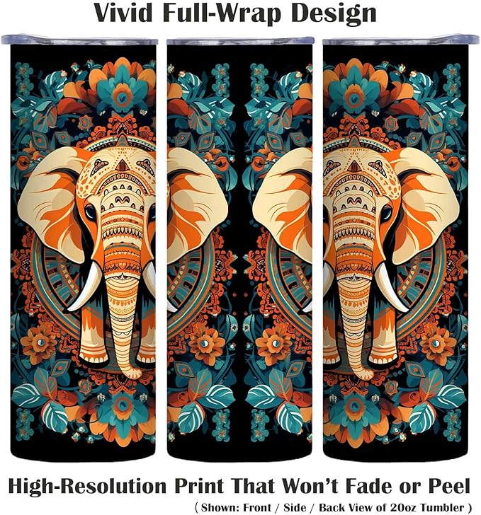 Firmiso 20 oz Tumbler｜Skinny Insulated Travel Mug｜Mandala Elephant Stainless Steel Cup with Lid and Telescopic Straw｜Boho Artistic Drinkware｜Gifts Idea for Women Men