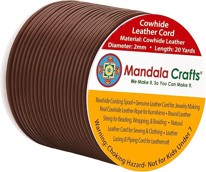 Mandala Crafts Round Cowhide Genuine Brown Leather Cord for Jewelry Making Kumihimo Leather Rope Spool - Brown String Lace - 20 Yds 2mm Cording