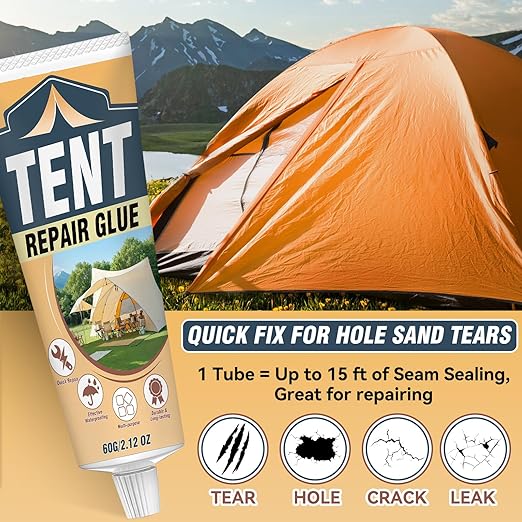 Tent Repair Glue Seam Sealer, Waterproof Flexible Tent Repair Kit, Tent Seam Sealer for Tents, Jackets, Sleeping Pads, Awning and Outdoor Fabric, Repairs Tears in Nylon, Canvas, and Vinyl