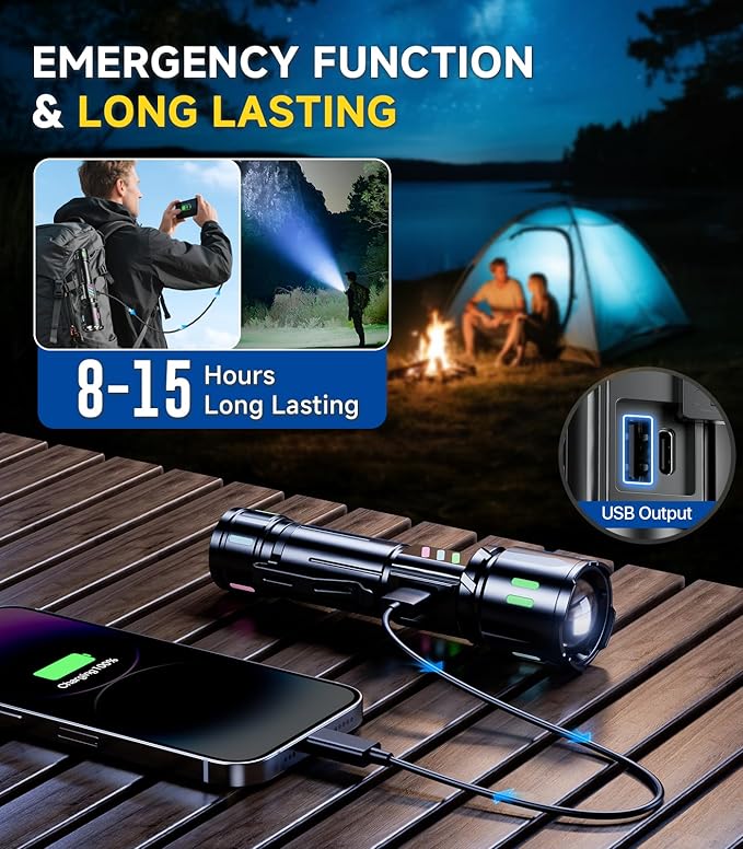 Esgofo Rechargeable Flashlights High Lumens 100000, Single Click Button Design, Super Bright 30W LED, Long Lasting 15H, USB C Input & Output, LCD Power Display, 6.69” Length, for Camping Hiking Home