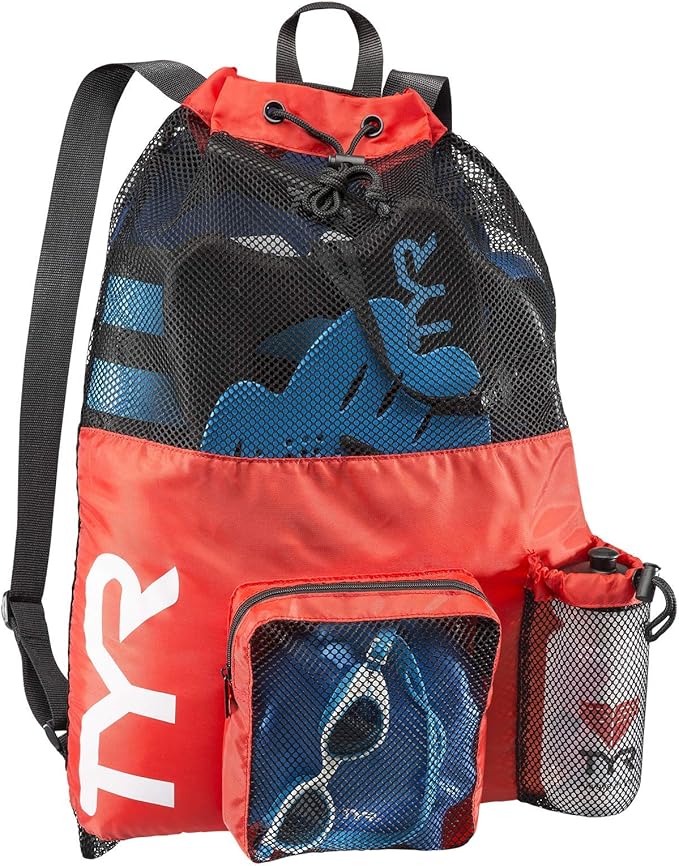 TYR Big Mesh Mummy Backpack for Wet Swimming, Gym, and Workout Gear, Red