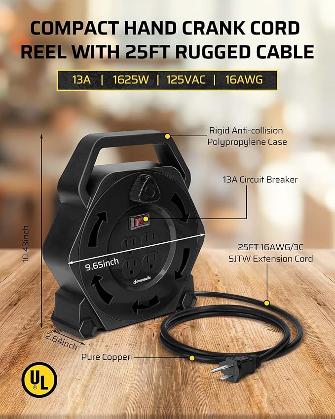 DEWENWILS Extension Cord Reel with 25 FT Power Cord, Hand Wind Retractable, 16/3 AWG SJTW, 4 Grounded Outlets, 13 Amp Circuit Breaker, Black, UL Listed