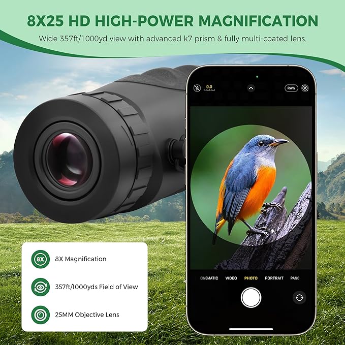 Astromania 8x25 Monocular for Adults, Compact Outdoor Accessory with Multi-Coated Optics BAK7 Prism & Twist-Up Eyecup, Waterproof & Fogproof Ideal for Bird Watching Hunting Sport and Wildlife Viewing
