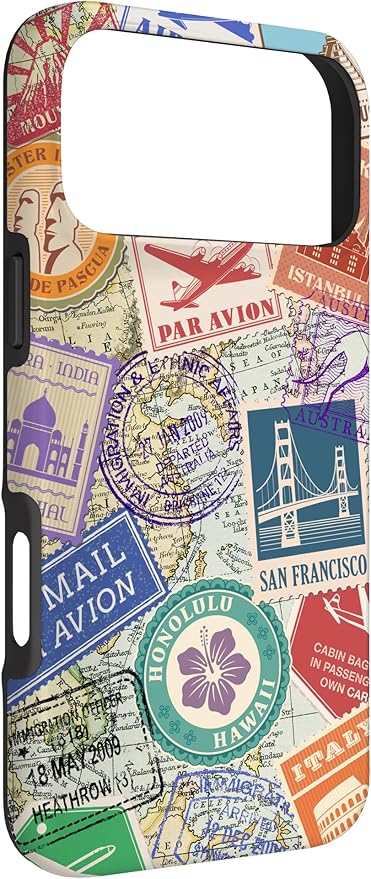 World Map Travel Passport Stamps Postage Stamp Case for iPhone 17 Pro Max