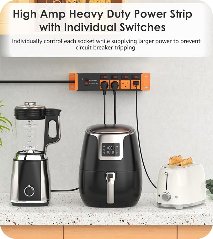 CCCEI Heavy Duty Surge Protector Power Strip 20 Amp Individual Switches. 12FT 12 Gauge Extension Cord with Multiple Outlets. Kitchen, Garage, Shop, Industrial Wall Mount Electric Extender, Orange.