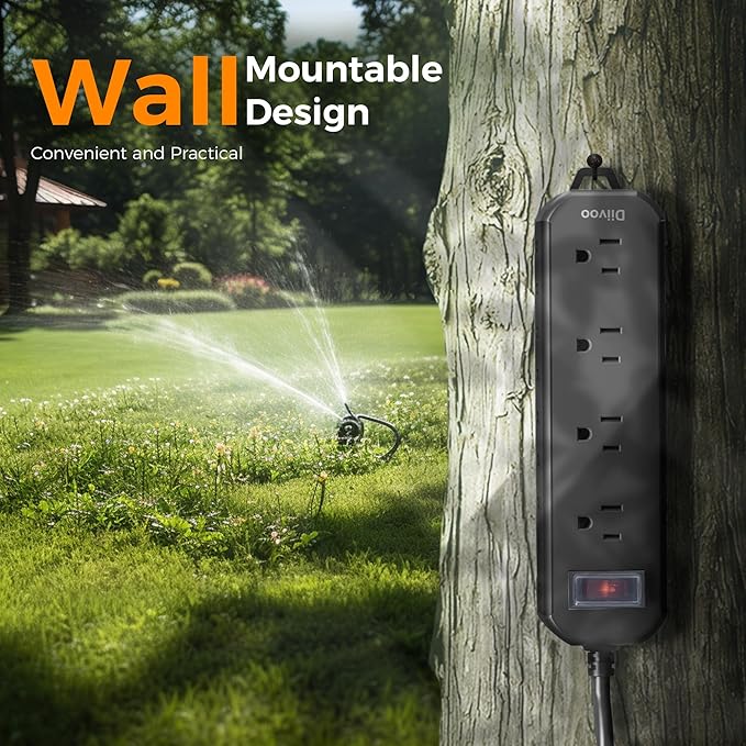 Outdoor Power Strip Weatherproof, 25 FT Extension Cord, Diivoo Waterproof Surge Protector with 4 Outlets 1250W Shockproof Overload Protection, Flat Plug, Black