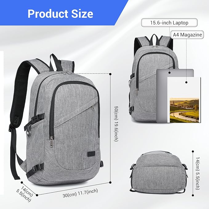 Kono Travel Laptop Backpack with USB Charging Port, Business Anti Theft Slim Sturdy Personal Item Bag, Water Resistant College Computer Daypack for Men & Women Fits 15.6 Inch Notebook, Grey