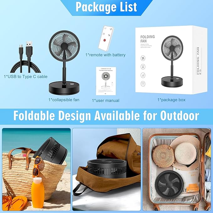 LIPETY Portable Foldable Rechargeable Oscillating Fan - 8.6" 7200mah Battery Operated USB C Small Fan Remote, Quiet Table Desk Fan Folding Standing Pedestal Fans for Bedroom Rome Office Camping Travel