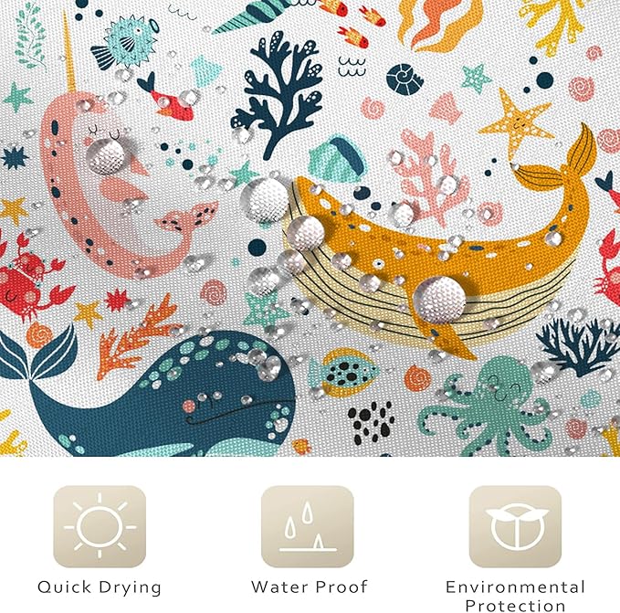 Kids Whale Shower Curtain, Funny Cute Ocean Fish Cartoon Sealife Under Sea Coral Starfish Bath Curtain Waterproof Fabric Machine Washable with Hooks, 60" Wx72 L