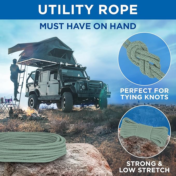TECEUM Cotton Rope 3/16” (5 mm) – 100 FT – Strong All-Purpose Braided Rope – Natural Cotton – for Crafting, Сamping, Clothes Line, DIY, Indoor & Outdoor Use – Soft Sage
