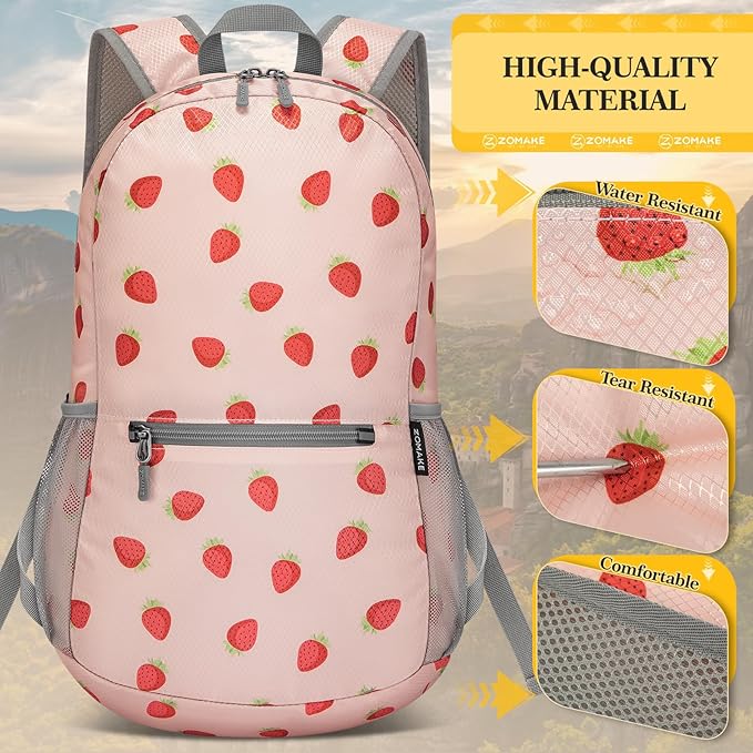 ZOMAKE Ultra Lightweight Hiking Backpack 20L, Packable Small Backpacks Water Resistant Daypack for Women Men(Strawberry print)